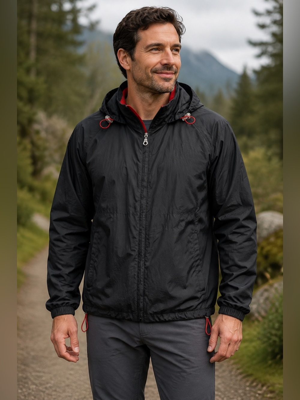 Eddie Bauer Men’s L Black Red Hooded Windbreaker Rain Jacket Mesh Lined Y2K Hike